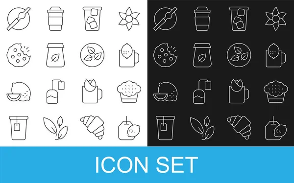 Set line Tea bag with lemon, Muffin, Cup of tea, Ice, packaging, Cookie or biscuit, Cigarette and leaf icon. Vector — Image vectorielle