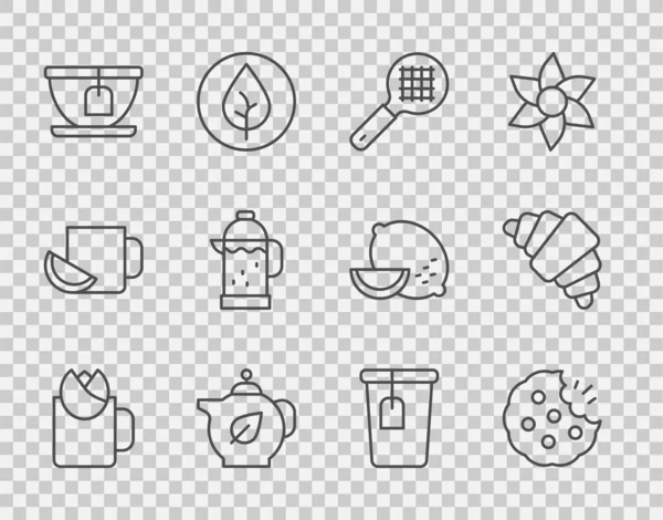 Set line Cup of tea with rose, Cookie or biscuit, Tea strainer handle, Teapot leaf, bag, French press, and Croissant icon. Vector — 图库矢量图片