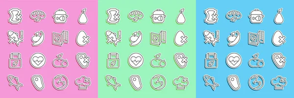 Set line Vegan food diet, No meat, egg, Cooking pot and chicken leg, Apple banana, fish, leather and Vegetarian menu icon. Vector — 스톡 벡터