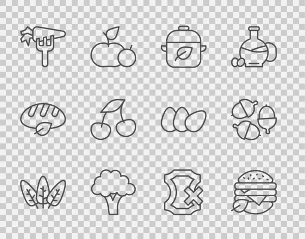Set line Leaf, Vegan food diet, Broccoli, Carrot, Fresh berries, No leather and Acorn icon. Vector — стоковий вектор