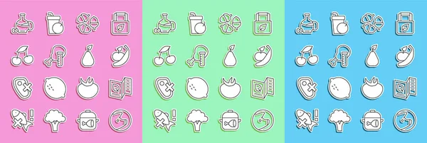 Set line Pig, Vegetarian food menu, Apple and banana, Acorn, Genetically modified chicken, Fresh berries, Bottle of olive oil and Pear icon. Vector — 스톡 벡터