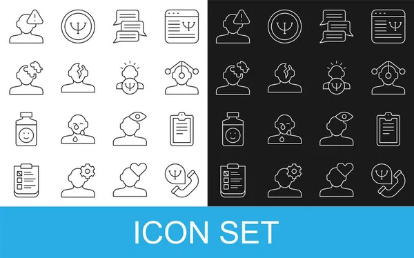 Set line Online psychological counseling, Psychological test, Hypnosis, Solution problem psychology, Finding and Psychology icon. Vector — Image vectorielle