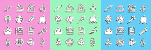 Set line Poisoned alcohol, the arrow, Witch cauldron, Smoke from factory, Bacteria, Biohazard symbol, Snake and Syringe icon. Vector — стоковый вектор