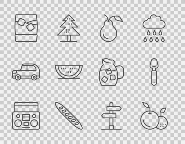 Set line Home stereo with two speakers, Fruit, Pear, French baguette bread, Glass of whiskey ice, Watermelon, Road traffic sign and Spoon icon. Vector — Stock vektor