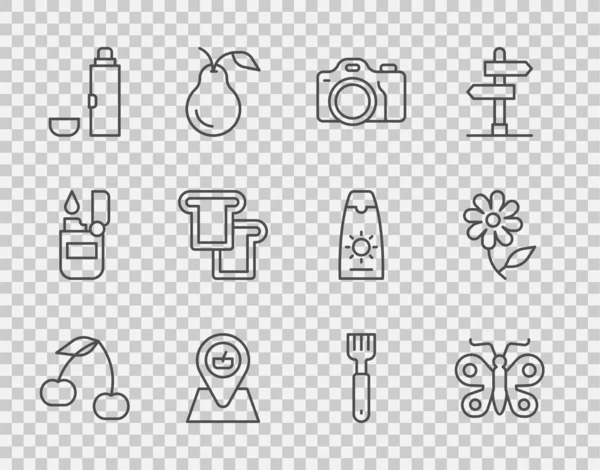 Set line Cherry, Butterfly, Photo camera, Picnic location, Thermos container, Bread toast, Fork and Flower icon. Vector — Vettoriale Stock