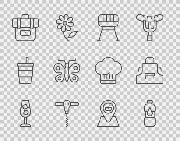 Set line Wine glass, Bottle of water, Barbecue grill, corkscrew, Hiking backpack, Butterfly, Picnic location and Kitchen apron icon. Vector — Vetor de Stock