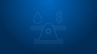 Beyaz çizgi yağ değişimi, su transferi, mavi arkaplanda izole edilmiş simge dönüştürme. 4K Video hareketli grafik canlandırması