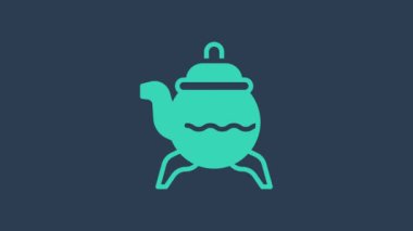 Turkuaz Klasik çaydanlık simgesi mavi arkaplanda izole edildi. 4K Video hareketli grafik canlandırması