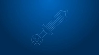 Mavi arka planda beyaz çizgi Ortaçağ kılıç ikonu izole edildi. Ortaçağ silahı. 4K Video hareketli grafik canlandırması