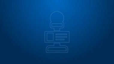 Beyaz çizgi mikrofon simgesi mavi arkaplanda izole edildi. Radyodaki mikrofondan. Sözcü işareti. 4K Video hareketli grafik canlandırması