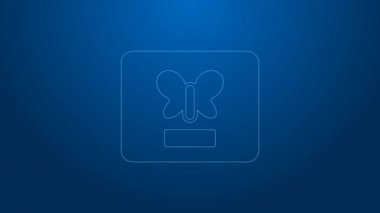 Mavi arka planda izole edilmiş bir çerçeve simgesinde beyaz çizgi Kelebeği. Herbaryum. 4K Video hareketli grafik canlandırması