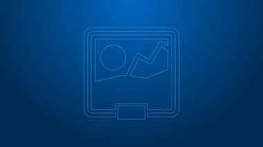 Mavi arkaplanda beyaz çizgi resim simgesi izole edildi. 4K Video hareketli grafik canlandırması