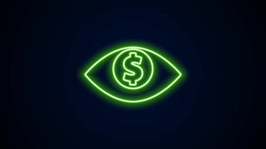 Siyah zemin üzerinde dolar simgesi olan parlak neon çizgili göz. 4K Video hareketli grafik canlandırması