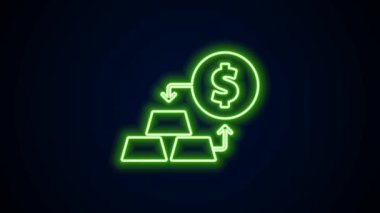 Parlayan neon hattı. Siyah arka planda izole edilmiş altın döviz ikonu. Para değiştirici. 4K Video hareketli grafik canlandırması