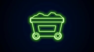 Siyah zemin üzerinde altın simgesi olan parlak neon çizgili maden arabası. 4K Video hareketli grafik canlandırması