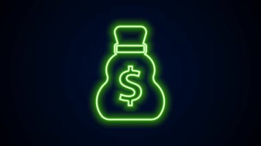 Parlayan neon hattı. Eski para çantası simgesi siyah arka planda izole edilmiş. Nakit bankacılık tabelası. 4K Video hareketli grafik canlandırması