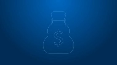 Beyaz çizgi mavi arka planda eski para çantası simgesi izole edildi. Nakit bankacılık tabelası. 4K Video hareketli grafik canlandırması