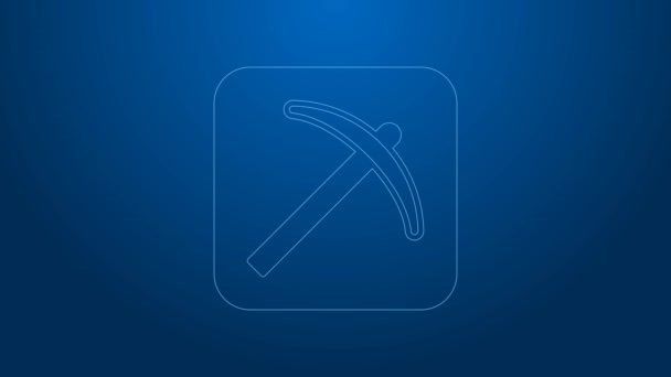 Bílá čára ikona Pickaxe izolované na modrém pozadí. Grafická animace pohybu videa 4K — Stock video