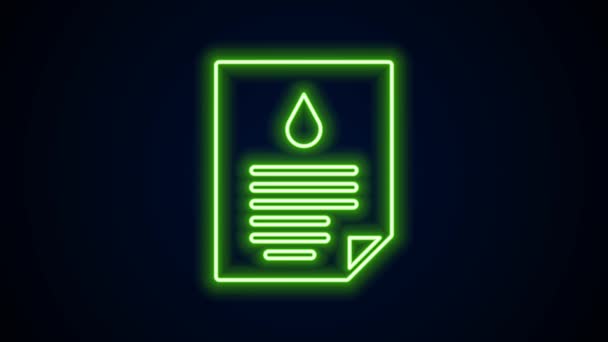 Icono de documento de gota de aceite de línea de neón brillante aislado sobre fondo negro. Animación gráfica de vídeo 4K — Vídeo de stock