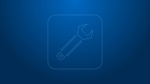 White line Wrench spanner icon isolated on blue background. Spanner repair tool. Service tool symbol. 4K Video motion graphic animation — Stock Video