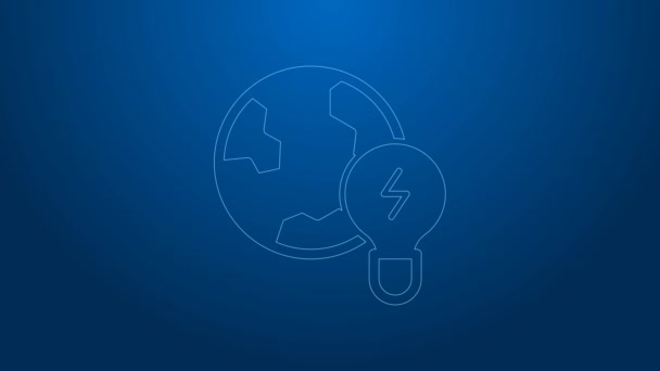 White line Global energy power planet with bulb icon isolated on blue background. Ecology concept and environmental. 4K Video motion graphic animation — Wideo stockowe