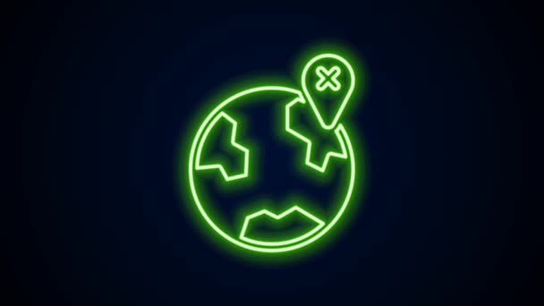 Świecąca neonowa linia Położenie na ikonie kuli ziemskiej odizolowane na czarnym tle. Znak świata lub Ziemi. 4K Animacja graficzna ruchu wideo — Wideo stockowe