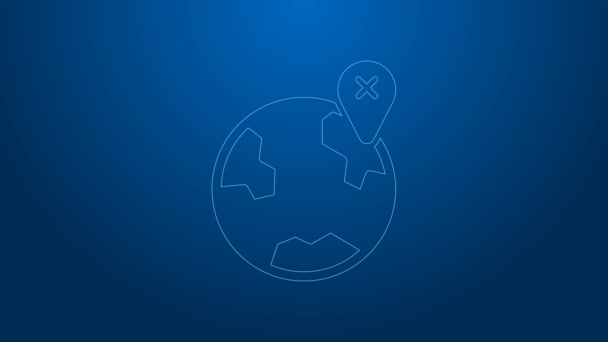 Witte lijn Locatie op de wereldbol pictogram geïsoleerd op blauwe achtergrond. Wereld of Aarde teken. 4K Video motion grafische animatie — Stockvideo