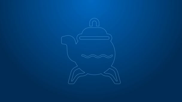 White line Classic teapot icon isolated on blue background. 4K Video motion graphic animation — Stockvideo