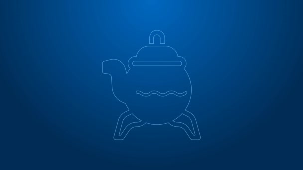 White line Classic teapot icon isolated on blue background. 4K Video motion graphic animation — стоковое видео