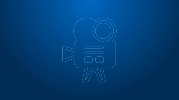 White line Retro cinema camera icon isolated on blue background. Video camera. Movie sign. Film projector. 4K Video motion graphic animation — Stock Video