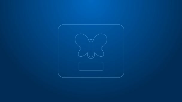 White line Butterfly in a frame icon isolated on blue background. Herbarium. 4K Video motion graphic animation — Video Stock