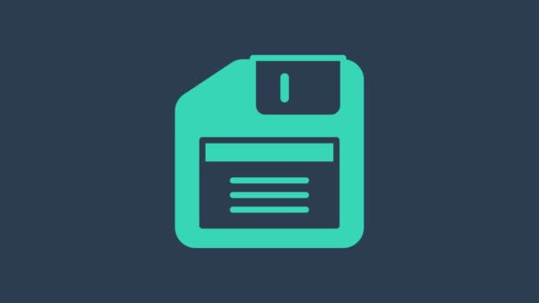 绿松石软盘用于计算机数据存储图标隔离在蓝色背景.软磁盘的标志。4K视频运动图形动画 — 图库视频影像
