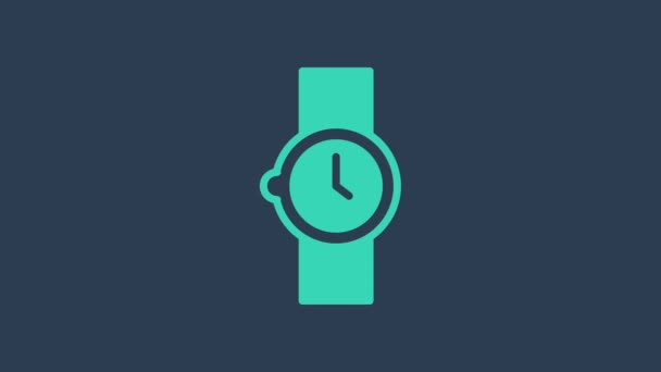 Tyrkysové hodinky Ikona náramkové hodinky izolované na modrém pozadí. Ikona hodinek. Grafická animace pohybu videa 4K — Stock video