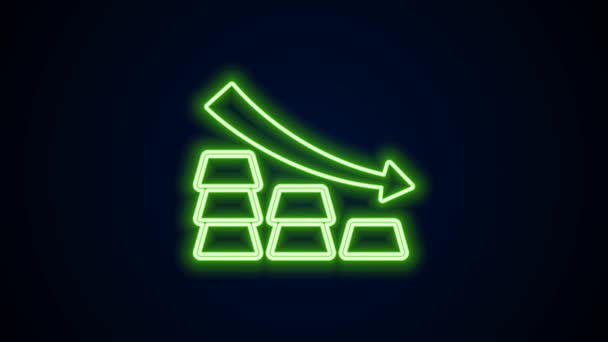 Glowing neon line Finance falling chart arrow with gold bars icon isolated on black background. Financial success concept. Gold investment concept. 4K Video motion graphic animation — 비디오