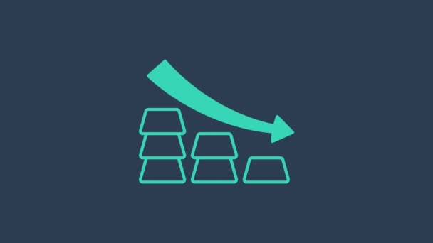 Turkos finansiering fallande diagram pil med guldtackor ikon isolerad på blå bakgrund. Begreppet ekonomisk framgång. Guldinvesteringskoncept. 4K Video motion grafisk animation — Stockvideo