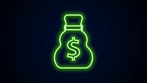 Linea al neon incandescente Vecchia icona della borsa dei soldi isolata su sfondo nero. Bancomat Banking segno di valuta. Animazione grafica 4K Video motion — Video Stock