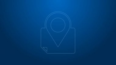 Mavi arkaplanda konum imleci simgesi izole edilmiş beyaz çizgi haritası. 4K Video hareketli grafik canlandırması