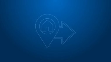 Mavi arkaplanda ev simgesi olan beyaz çizgi haritası işaretçisi. Ev konumu belirleyici sembol. 4K Video hareketli grafik canlandırması