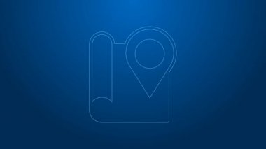 Mavi arkaplanda konum imleci simgesi izole edilmiş beyaz çizgi haritası. 4K Video hareketli grafik canlandırması