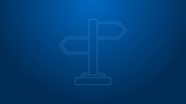 Beyaz çizgi trafik levhası. Mavi arkaplanda işaretleme simgesi izole edildi. İşaretçi sembolü. İzole sokak bilgi levhası. Yön tabelası. 4K Video hareketli grafik canlandırması