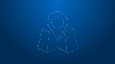 Mavi arkaplanda konum imleci simgesi izole edilmiş beyaz çizgi haritası. 4K Video hareketli grafik canlandırması