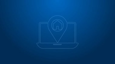Şehir haritası yön bulma simgesinin beyaz çizgi bilgileri mavi arkaplanda izole edildi. Laptop Uygulama Arayüzü tasarımı. Yer belirleme konsepti. 4K Video hareketli grafik canlandırması