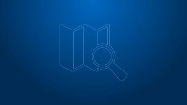 Mavi arkaplanda beyaz çizgi arama konumu simgesi izole edildi. İşaretli büyüteç. 4K Video hareketli grafik canlandırması