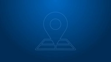 Mavi arkaplanda konum imleci simgesi izole edilmiş beyaz çizgi haritası. 4K Video hareketli grafik canlandırması