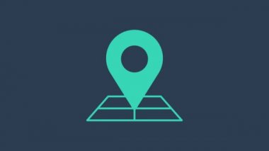 Mavi arkaplanda konum imleci simgesi izole edilmiş turkuaz katlanmış harita. 4K Video hareketli grafik canlandırması