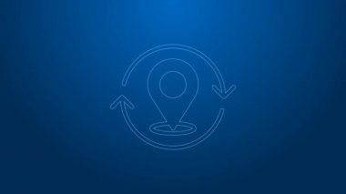 Mavi arkaplanda beyaz çizgi haritası simgesi izole edildi. Navigasyon, işaret, konum, harita, GPS, yön, arama konsepti. 4K Video hareketli grafik canlandırması