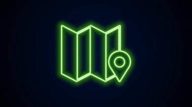 Parlayan neon çizgisi Katlanmış harita konum simgesi simgesi siyah arkaplanda izole edildi. 4K Video hareketli grafik canlandırması