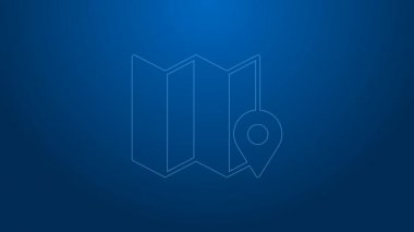 Mavi arkaplanda konum imleci simgesi izole edilmiş beyaz çizgi haritası. 4K Video hareketli grafik canlandırması