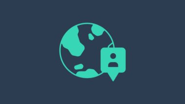 Mavi arkaplanda izole edilmiş dünya simgesinin turkuaz konumu. Dünya ya da Dünya işareti. 4K Video hareketli grafik canlandırması