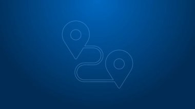 Beyaz çizgi rota simgesi mavi arkaplanda izole edildi. Harita işaretçisi işareti. Yol ya da yol kavramı. GPS navigatörü. 4K Video hareketli grafik canlandırması